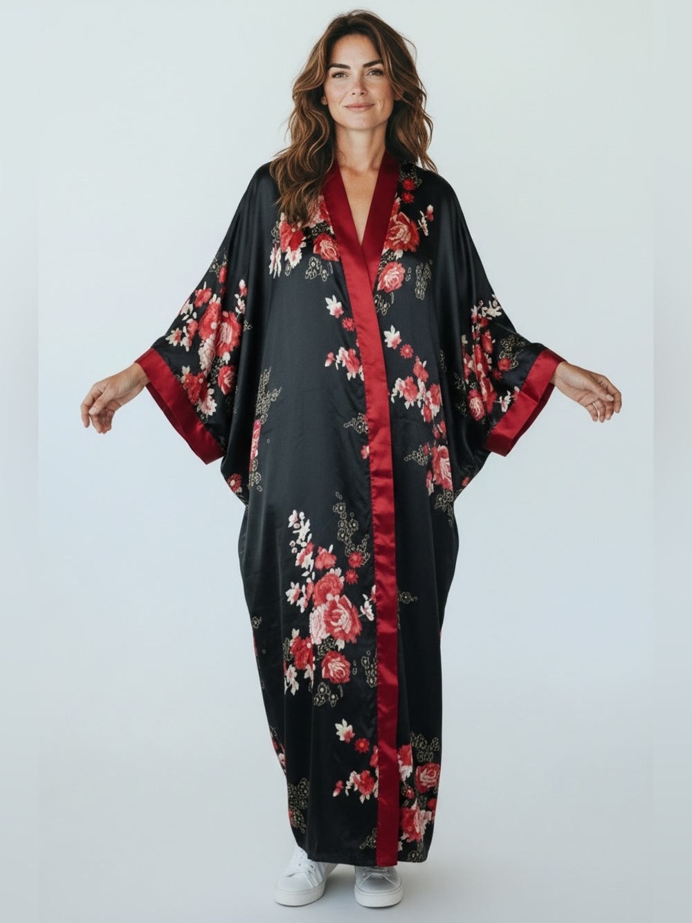 NEW Jones New York Black & Red Satin Asian Floral Nightgown Dress Size L